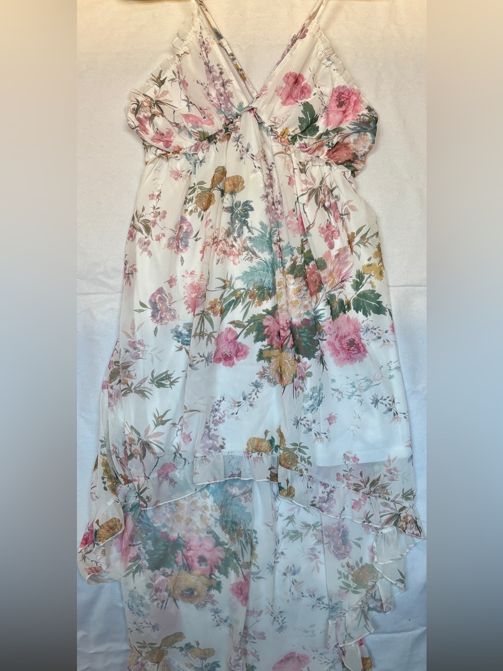 White Floral High Low Maxi Dress XL Lace Trim Cross Back Chiffon Boutique